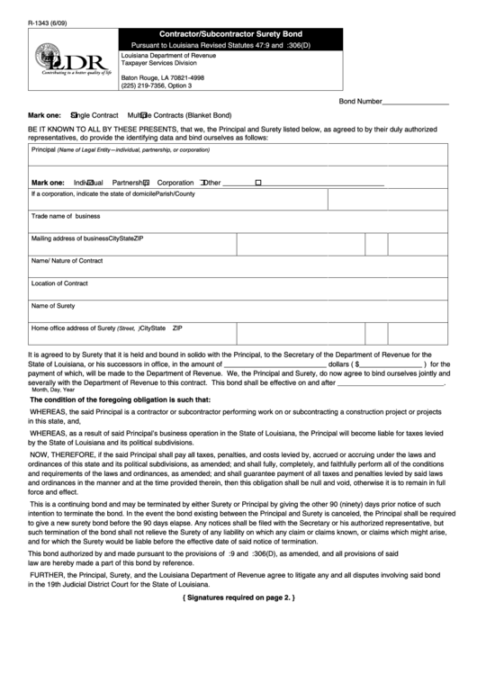 Fillable Form R-1343 - Contractor/subcontractor Surety Bond - Louisiana Department Of Revenue Printable pdf
