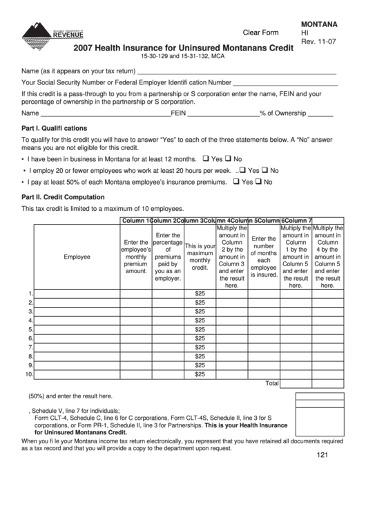 Fillable Montana Form Hi - 2007 Health Insurance For Uninsured Montana Credit Printable pdf
