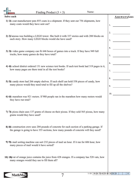 Finding Product (3x3) - Math Worksheet With Answer Key Printable pdf