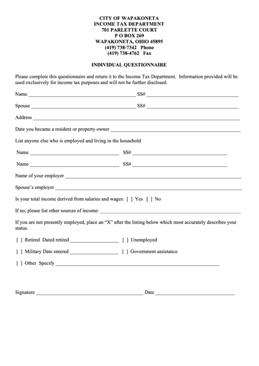 Income Tax Form Individual Questionnaire - City Of Wapakoneta Printable pdf