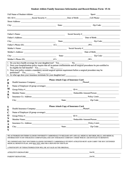 Student Athlete Family Insurance Information And Record Release Form Printable pdf