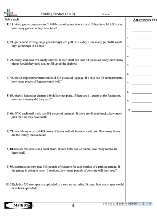 Finding Product (3x2) - Math Worksheet With Answer Key Printable pdf