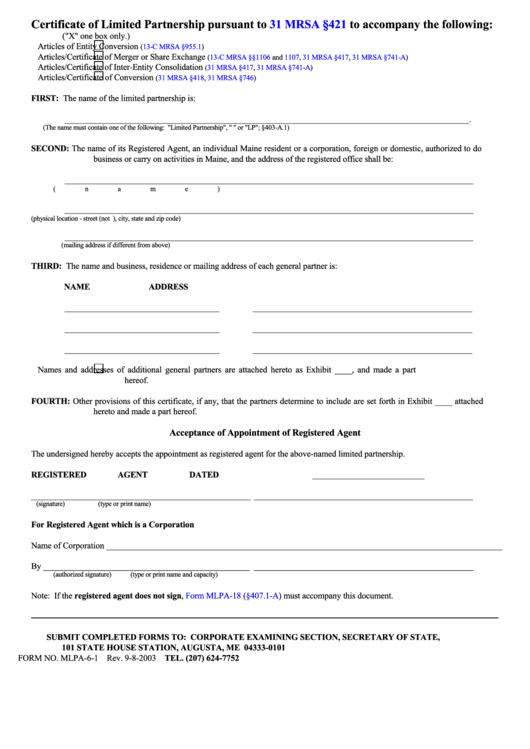 Fillable Form Mlpa-6-1 - Certificate Of Limited Partnership Printable pdf