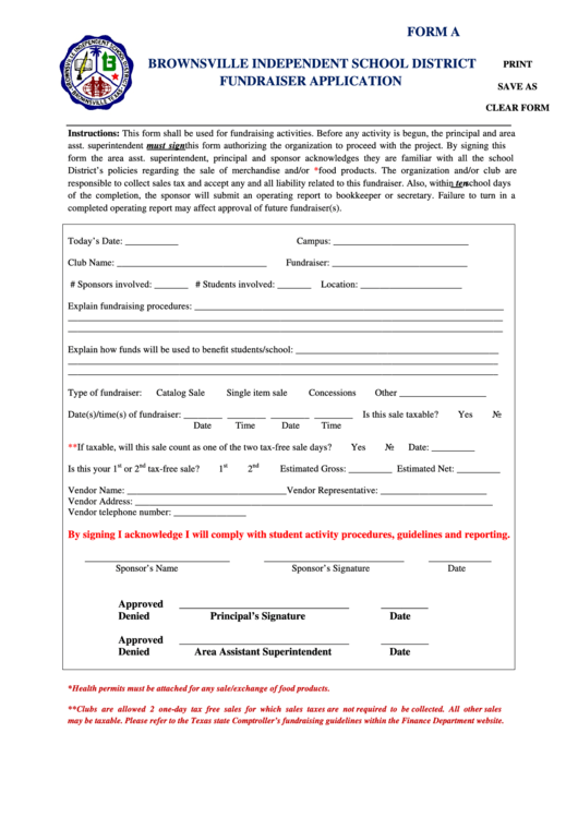Fillable Form For An Independent School District Fundraiser Application - Brownsville Printable pdf