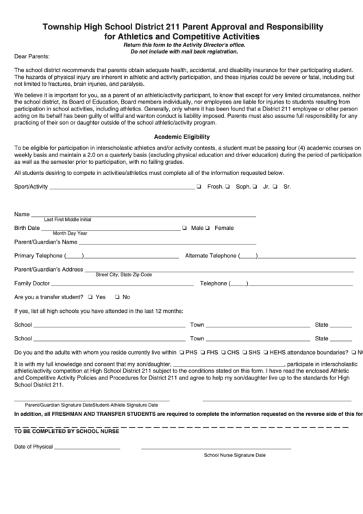 Fillable Parent Approval & Responsibilities Form For Athletics & Competitive Activities Printable pdf