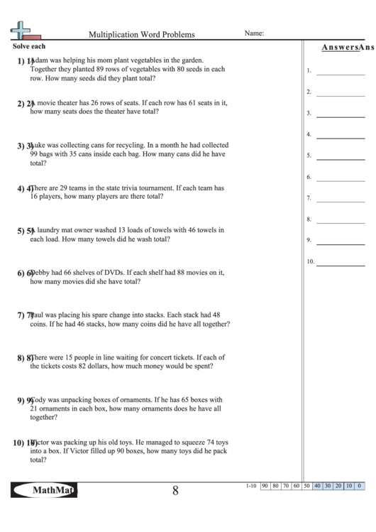 Multiplication Word Problems - Math Worksheet With Answer Key Printable pdf