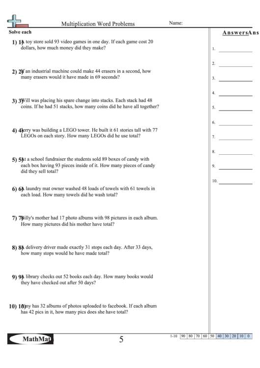 Multiplication Word Problems - Math Worksheet With Answer Key Printable pdf