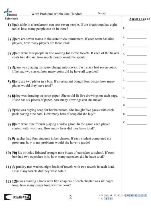 Word Problems Within One Hundred - Math Worksheet With Answer Key Printable pdf