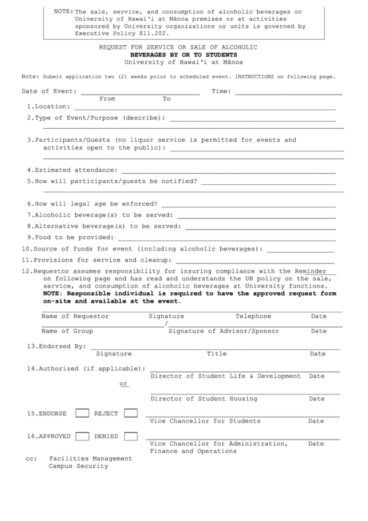 Fillable Hawaii Alcohol Waiver Form Request For Service Or Sale Of