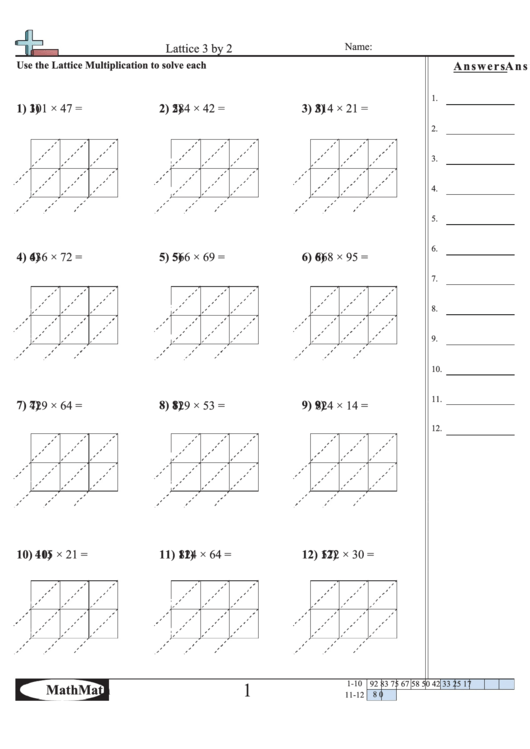 Lattice 3 By 2 - Math Worksheet With Answer Key Printable pdf