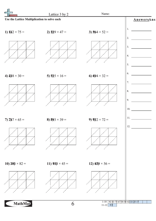 Lattice 3 By 2 - Math Worksheet With Answer Key Printable pdf