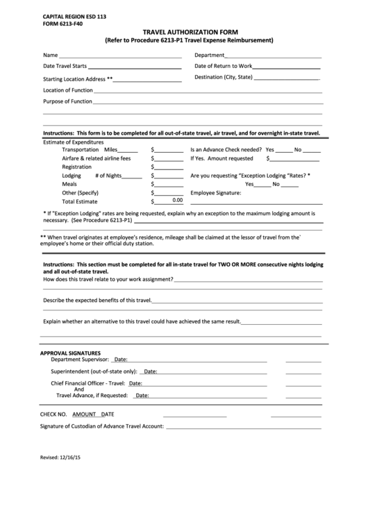 Fillable Form 6213-F40 - Travel Authorization Printable pdf