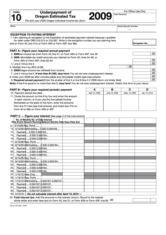 Fillable Form 10 - Underpayment Of Oregon Estimated Tax - 2009 Printable pdf