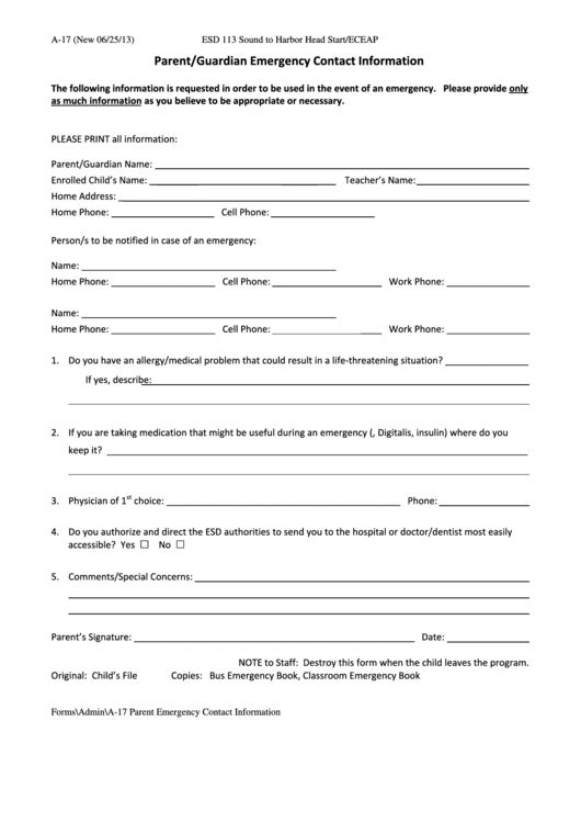 Form A-17 - Parent/guardian Emergency Contact Information Printable pdf
