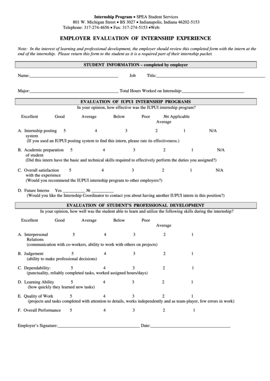 Employer Evaluation Of Internship Experience Template - Indiana