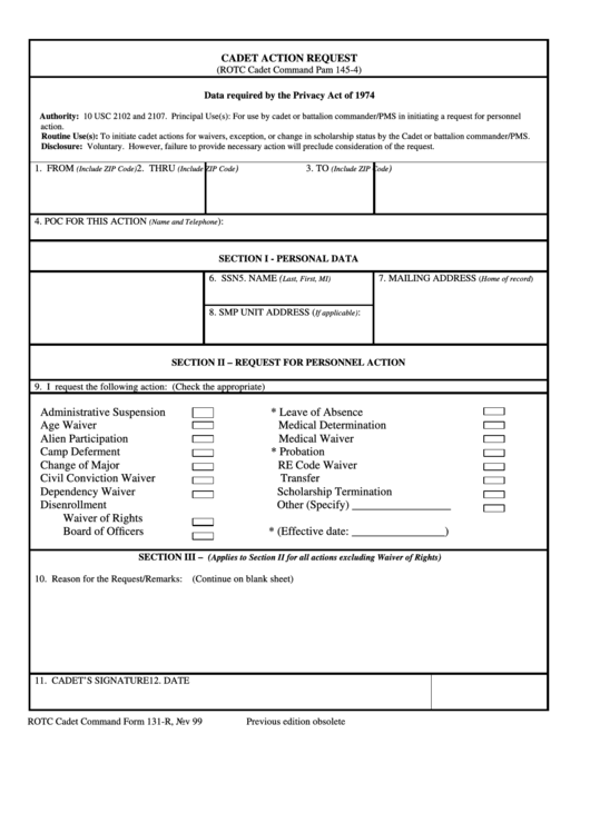 Form 131-R - Cadet Action Request Printable pdf