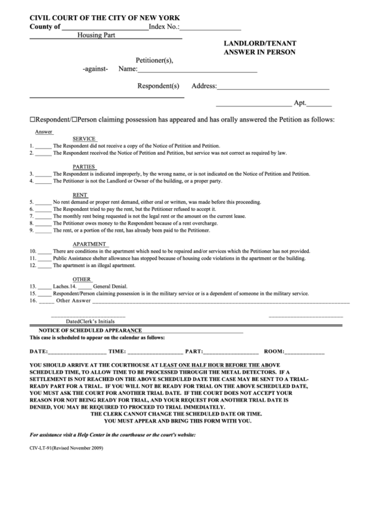 Form Civ-Lt-91 - Civil Court Of The City Of New York Printable pdf