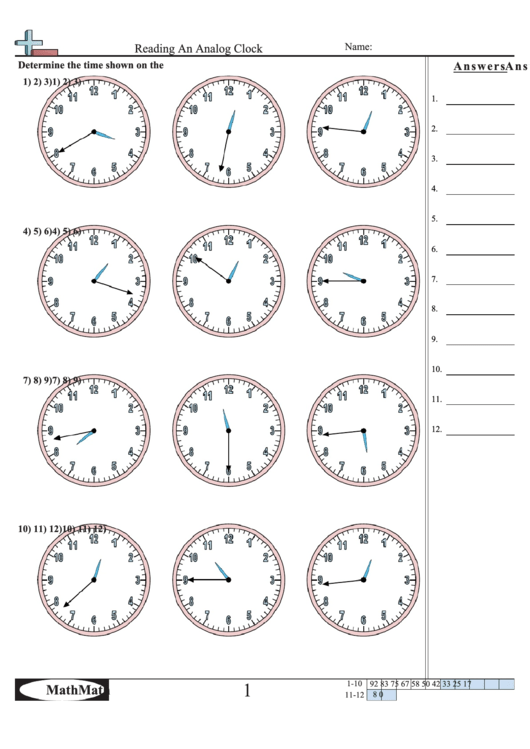Reading An Analog Clock Worksheet With Answer Key Printable pdf