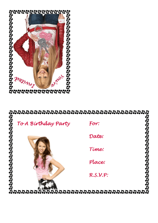Birthday Invitation Card Template - Hanna Montana Printable pdf