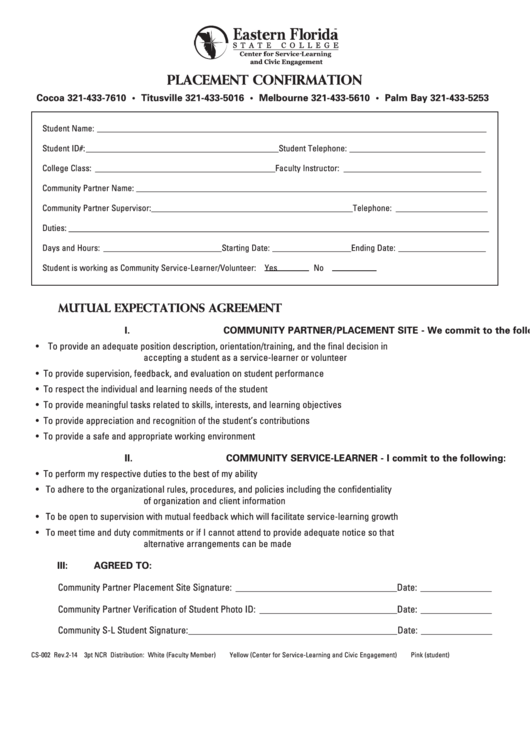 Fillable Form Cs-002 - College Placement Confirmation Printable pdf