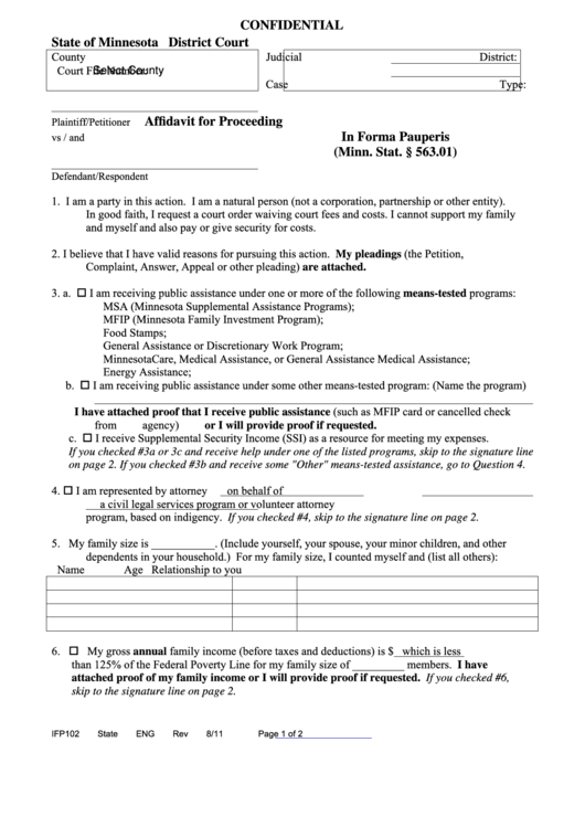 Fillable Form Ifp102 - Affidavit For Proceeding In Forma Pauperis Printable pdf