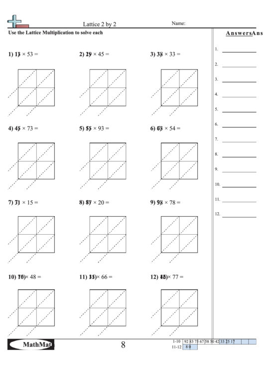 Lattice 2 By 2 - Math Worksheet With Answer Key Printable pdf