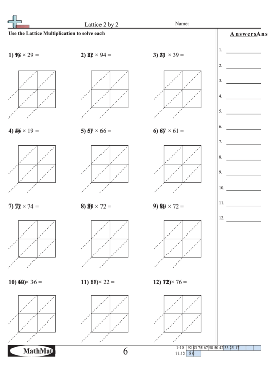 Lattice 2 By 2 - Math Worksheet With Answer Key printable pdf download