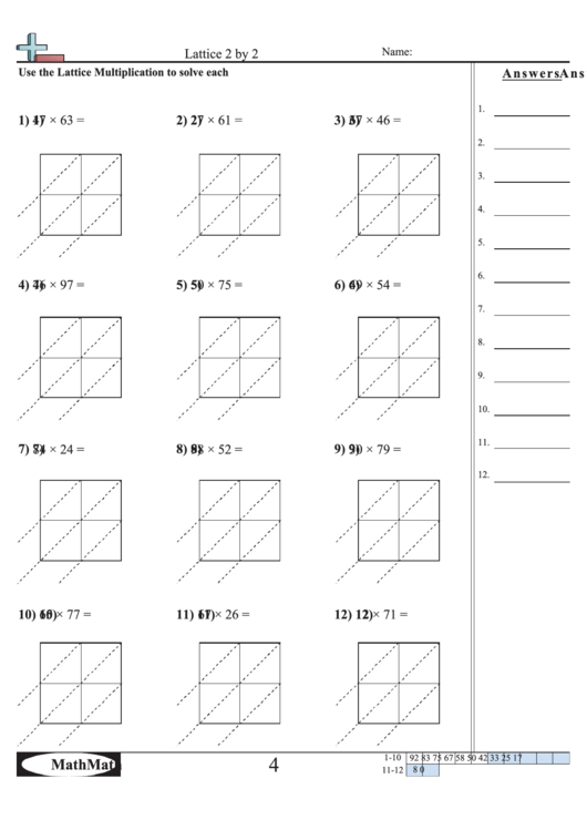 lattice 2 by 2 math worksheet with answer key printable