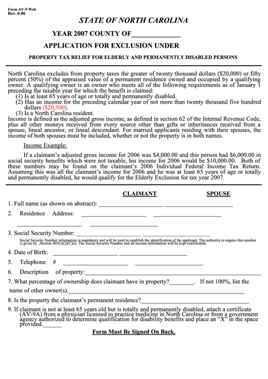 Form Av-9 Web - Application For Exclusion Under G.s. 105-277.1 - State Of North Carolina