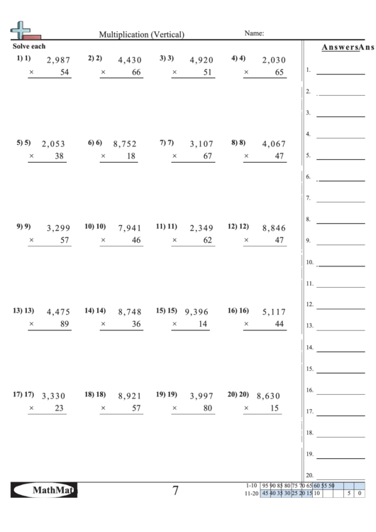 multiplication vertical math worksheet with answer key printable