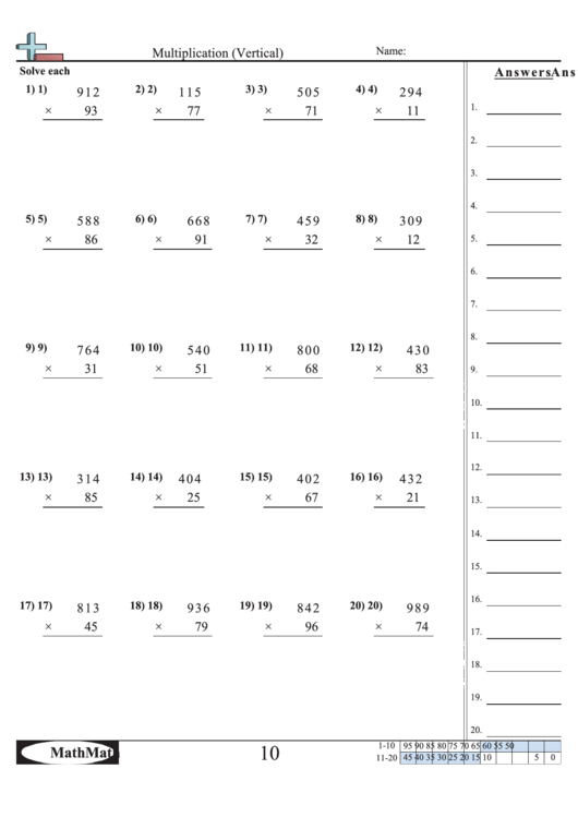 Vertical Multiplication Worksheets Grade 3