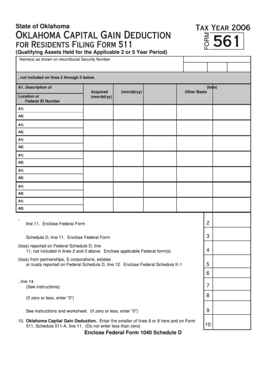 Fillable Form 561 - Oklahoma Capital Gain Deduction For Residents - 2006 Printable pdf