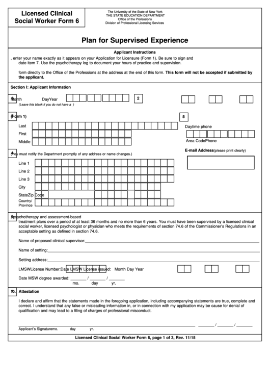 Licensed Clinical Social Worker Form 6 - Plan For Supervised Experience Printable pdf