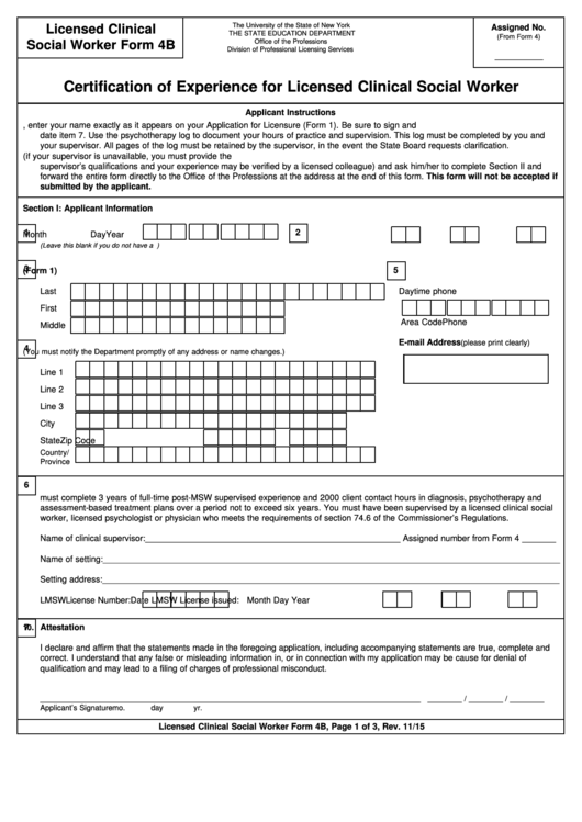 Form 4b - Certification Of Experience For Licensed Clinical Social Worker Printable pdf