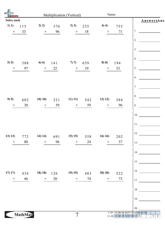 Multiplication (Vertical) Worksheet With Answer Key With Answer Key Printable pdf
