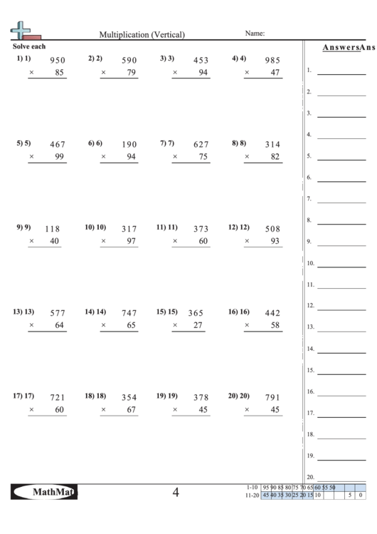 multiplication vertical math worksheet with answer key