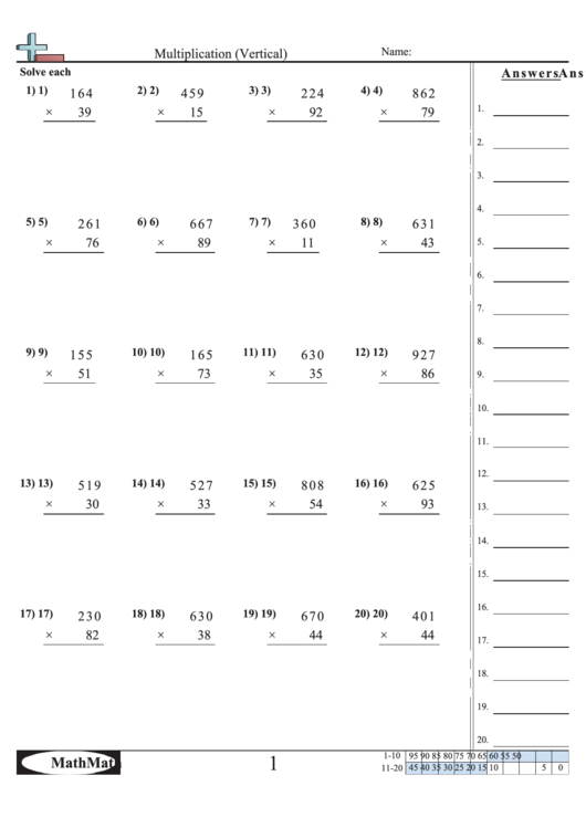 Multiplication (Vertical) Worksheet With Answer Key Printable pdf