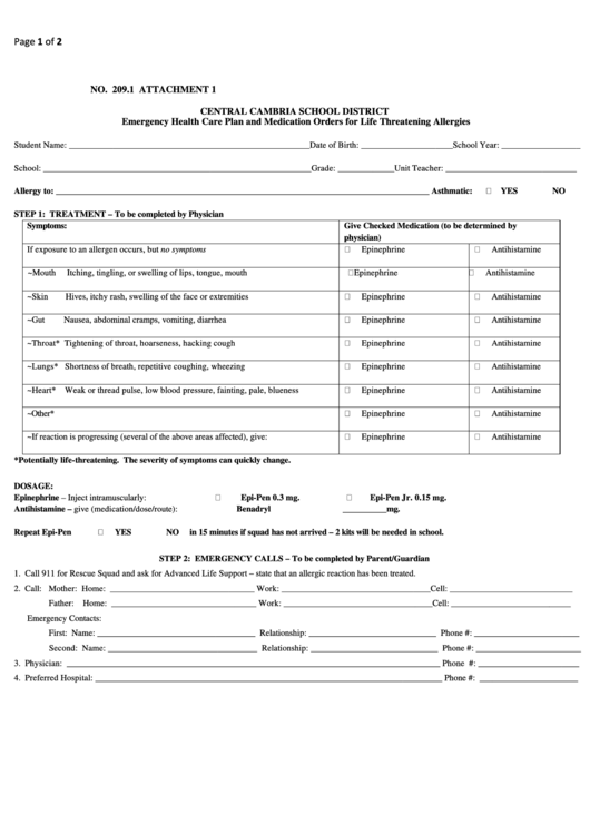 Fillable Form 209.1 - Emergency Health Care Plan And Medication Orders For Life Threatening Allergies - Central Cambria School District Printable pdf