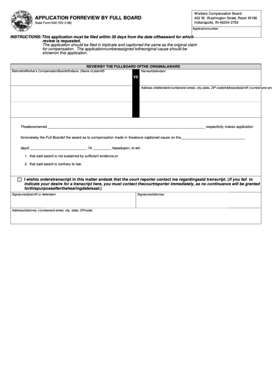 Fillable Form 1042 - Application For Review By Full Board - State Of Indiana Printable pdf