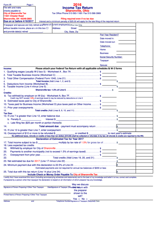 Form Ir - Income Tax Return - Sharonville, Ohio - 2016 Printable pdf