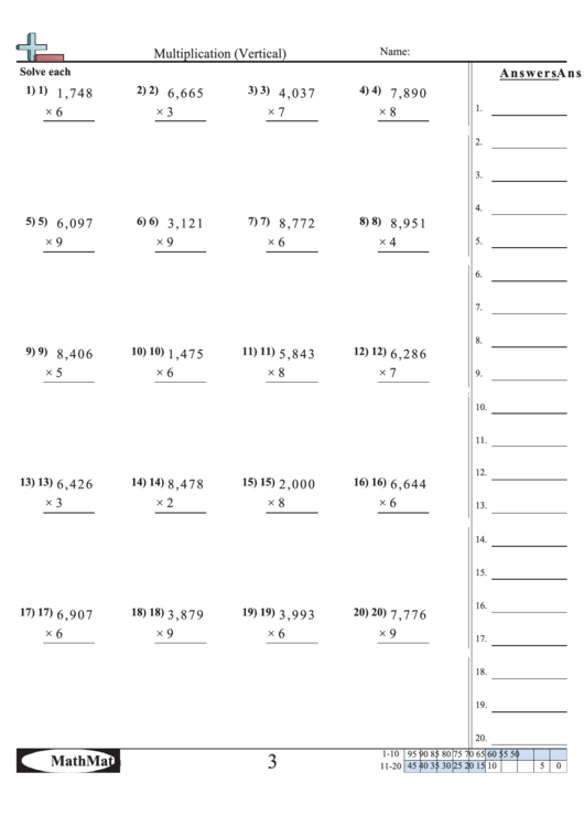 Multiplication (Vertical) Worksheet With Answer Key Printable pdf