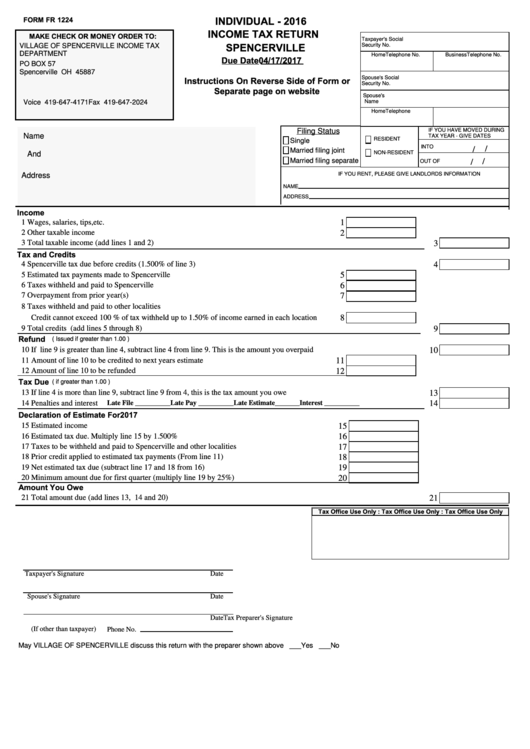 Form Fr 1224 - Individual Income Tax Return - Spencerville - 2016 Printable pdf