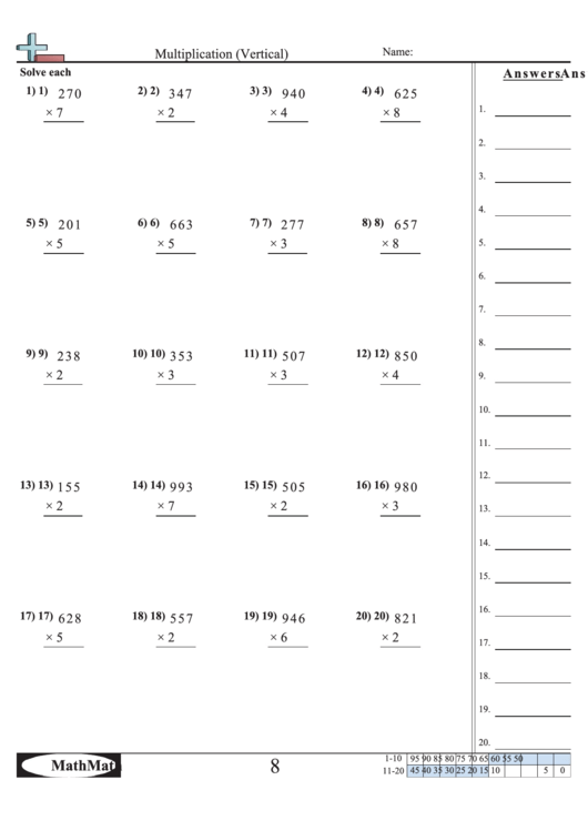 Multiplication (Vertical) - Math Worksheet With Answer Key Printable pdf
