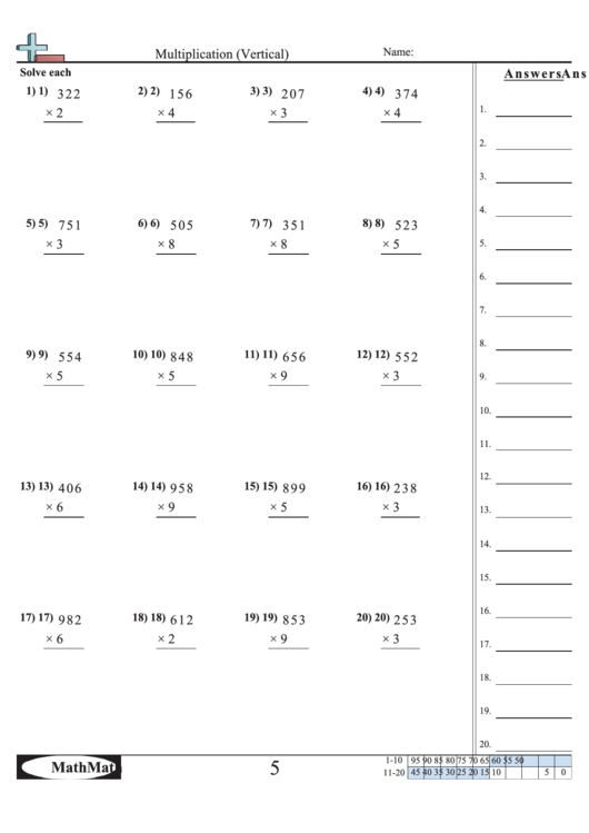 Multiplication (Vertical) - Math Worksheet With Answer Key Printable pdf