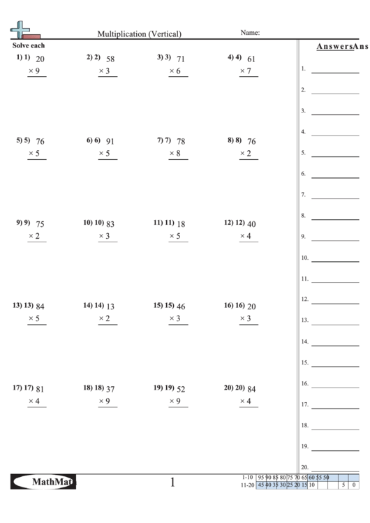 Multiplication (Vertical) Worksheet Printable pdf