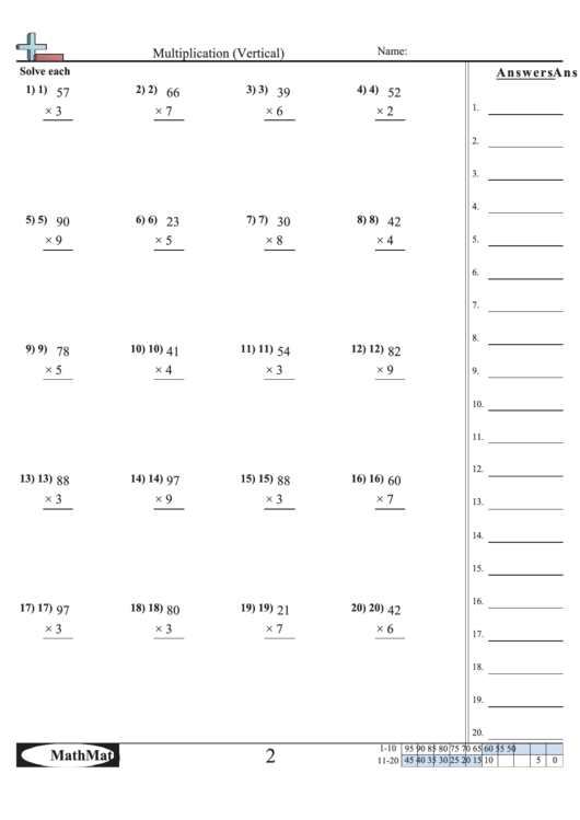 Multiplication (Vertical) - Math Worksheet With Answer Key printable ...