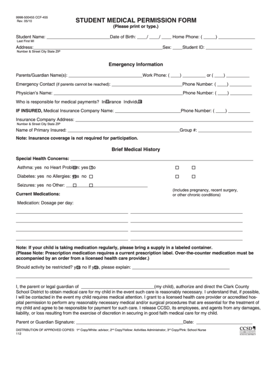 Fillable Form Ccf-455 - Student Medical Permission Form Printable pdf
