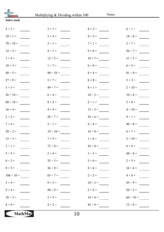 Multiplying & Dividing Within 100 - Math Worksheet With Answer Key