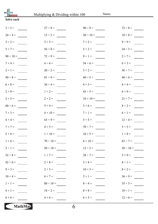 Multiplying & Dividing Within 100 - Math Worksheet With Answer Key Printable pdf