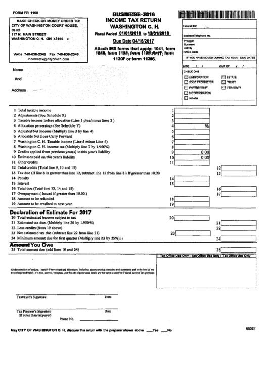 Form Fr 1108 - Income Tax Return - Business - 2016 Printable pdf